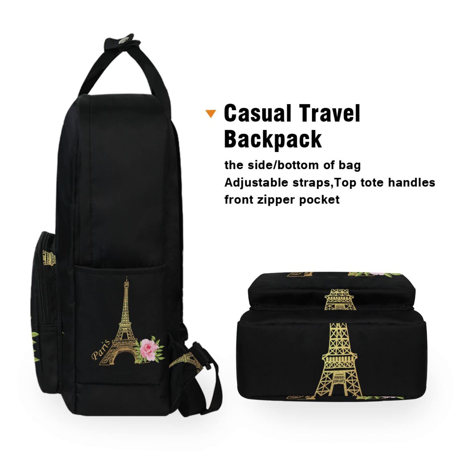 Stylish Paris Eiffel Tower Floral Laptop Backpack - Waterproof Tote Shoulder Bag for Women & Men, Perfect for Work, Gym, Travel & Daily Commute | Black Gold Rose Design with Spacious Compartments