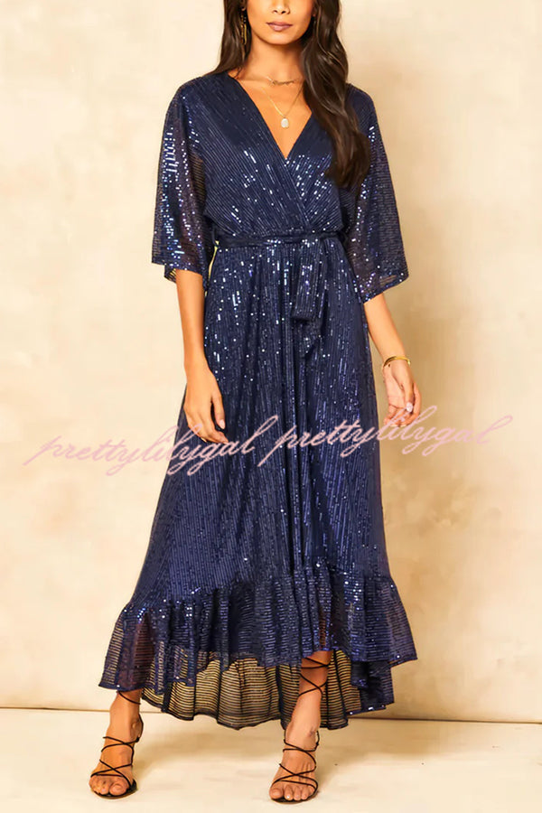 Elegant Solid Color Sequined V-Neck Waist Tie Loose Maxi Dress for Women - Perfect for Evening Parties, Weddings & Special Occasions