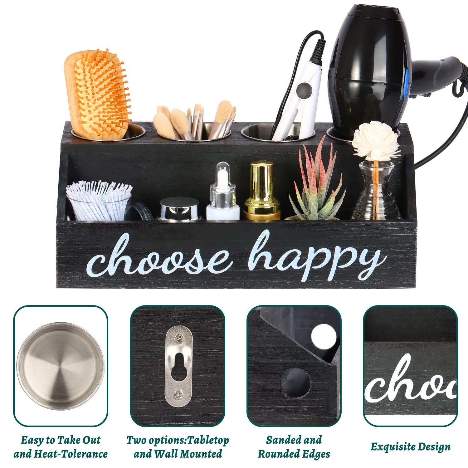 5 Compartment Hair Tool Organizer - Wall Mounted or Countertop Rustic Black Wood Bathroom Storage for Hair Dryer, Curling Iron & Hot Styling Tools | Perfect for Vanity Cabinet, Bathroom & Salon Organization