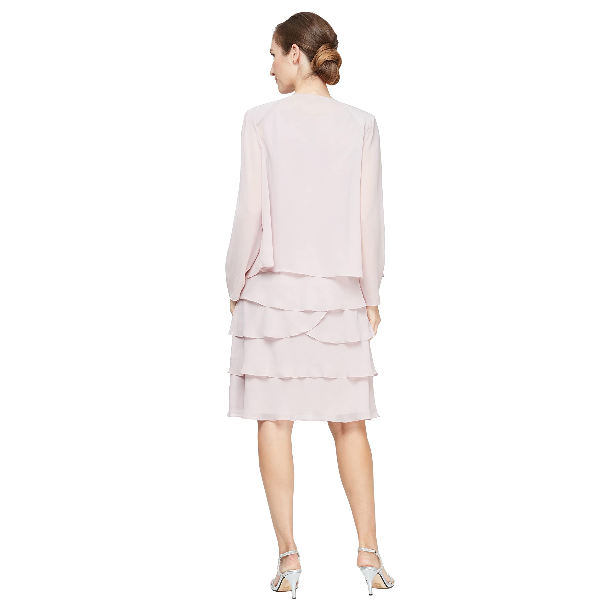 Elegant Women's Mother of The Bride Tiered Jacket Dress with Shoulder Embellishment - Petite & Regular Sizes | Formal Wedding Guest Outfit for Special Occasions