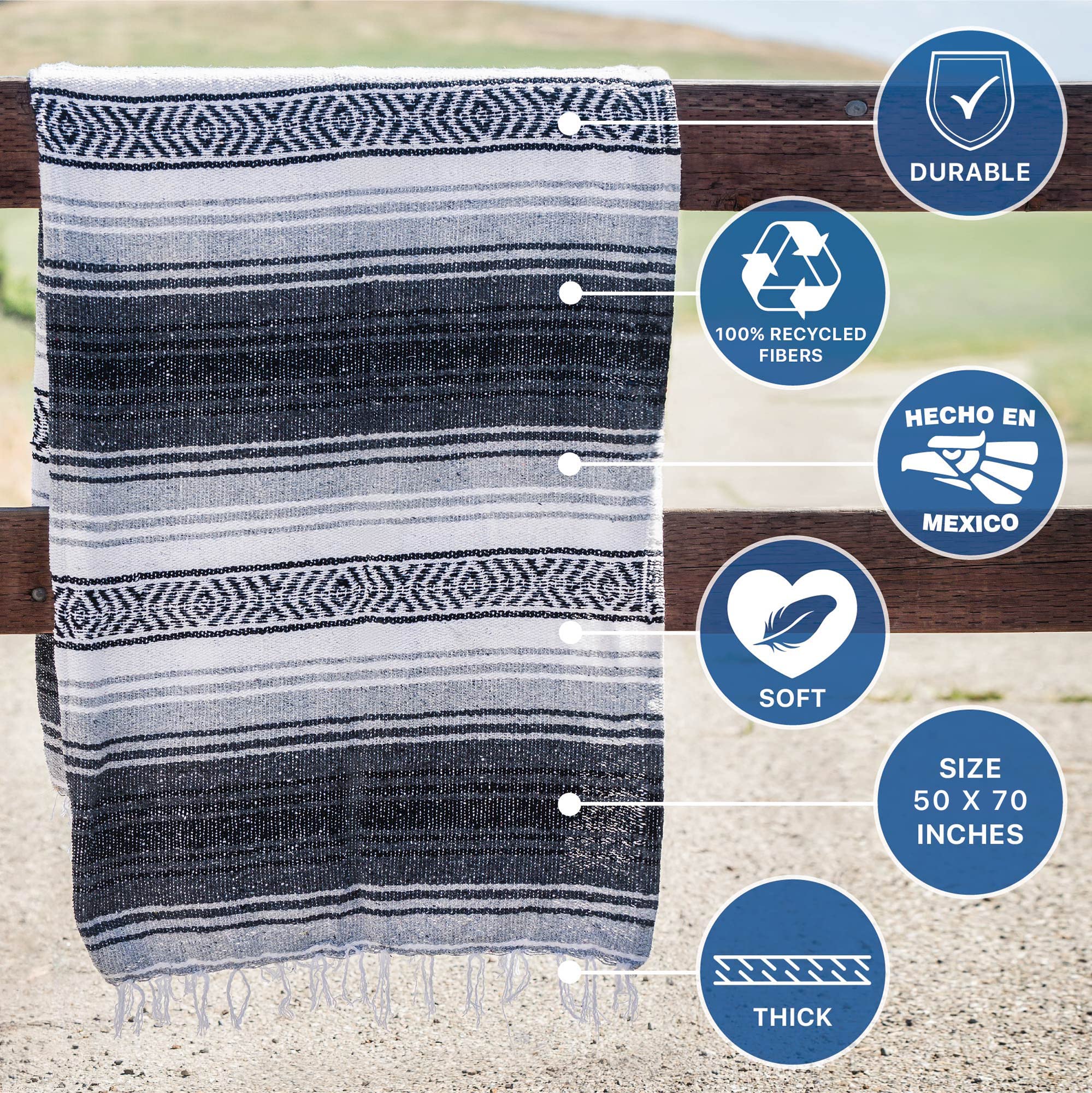 Authentic Mexican Blanket - Handwoven Yoga Blanket & Serape Throw (50x70 Inches, Gray) - Perfect for Outdoor Picnics, Beach Camping, Boho Home Decor & Cozy Living Room Accent