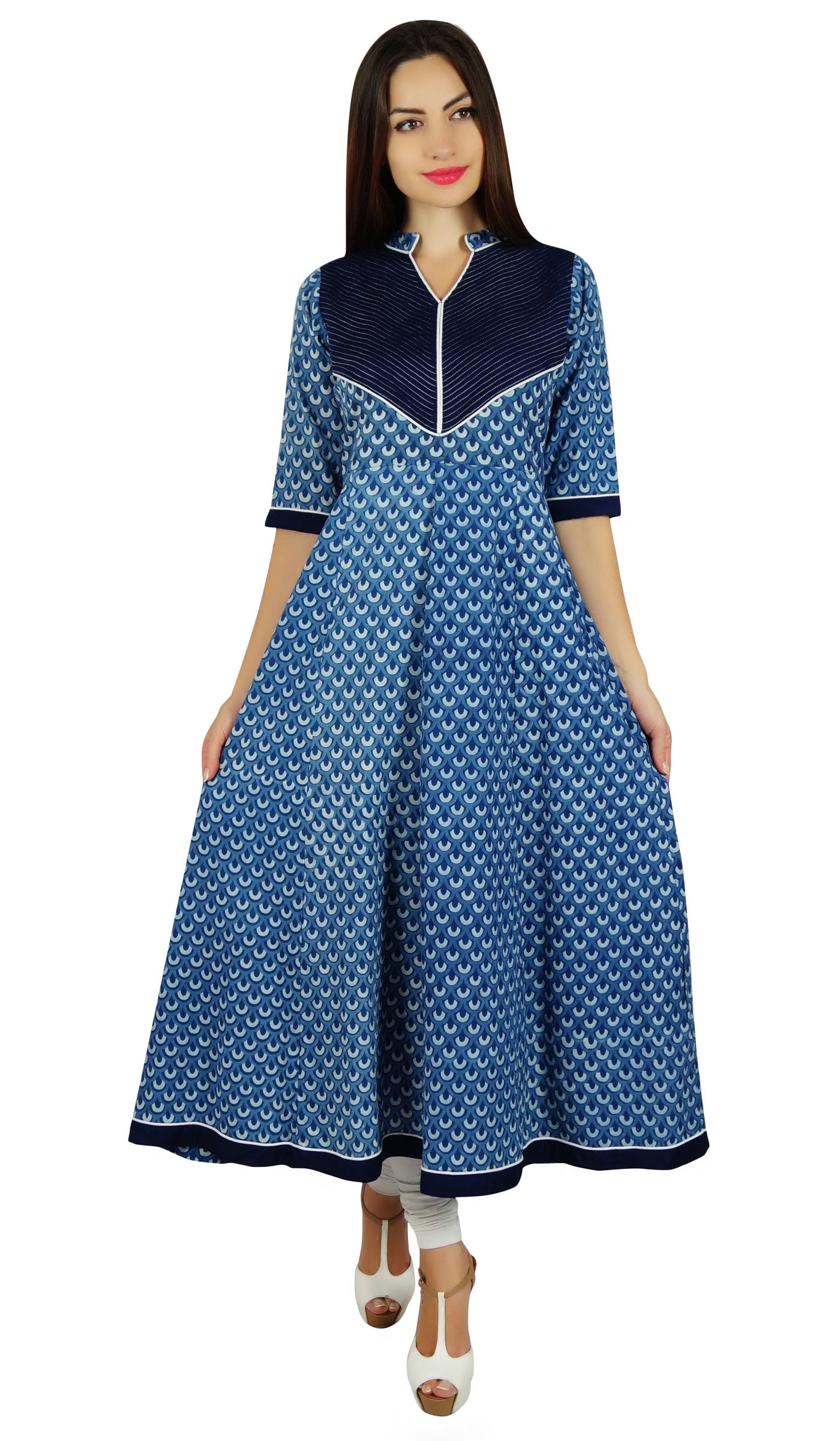 Bimba Women's Ethnic Printed Blue Anarkali Kurta - Handmade Block Print Designer Kurti for Casual Wear | Perfect for Festivals, Parties & Cultural Events