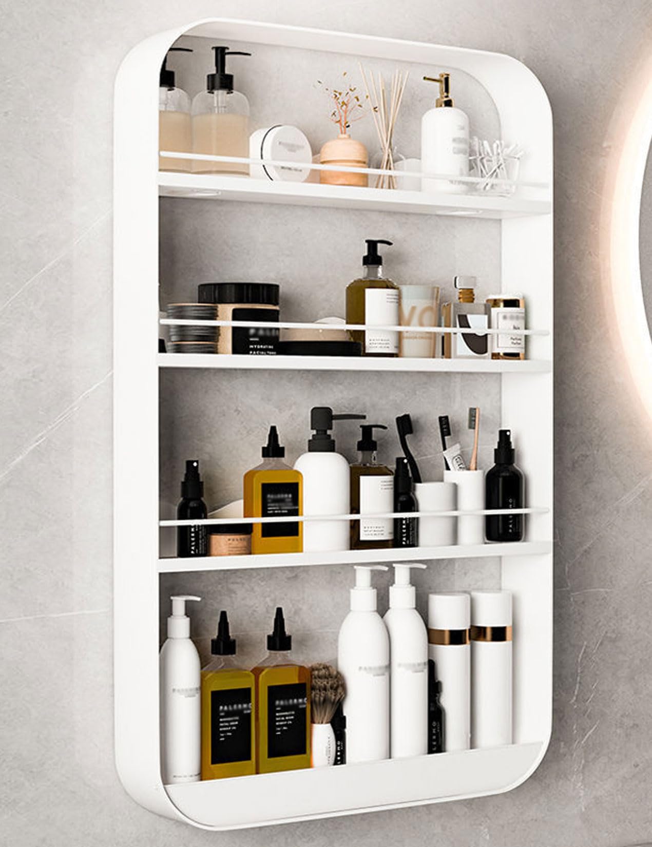 No Drill Wall Mount Makeup Organizer - 4 Tier Iron Cosmetic Shelf for Bathroom & Kitchen, Hanging Storage Rack (50x70cm, White) - Perfect for Small Spaces & Vanity Organization