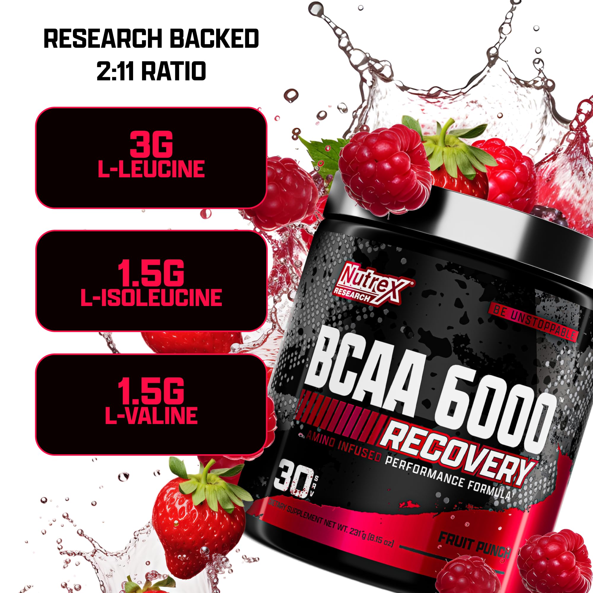 Nutrex Research BCAA Powder 6000 - 6g Branched Chain Amino Acids Supplement for Muscle Recovery & Growth - Post Workout Energy Drink with Essential Amino Acids (Fruit Punch, 30 Servings) - Ideal for Gym Training, Bodybuilding & Fitness Enthusiasts