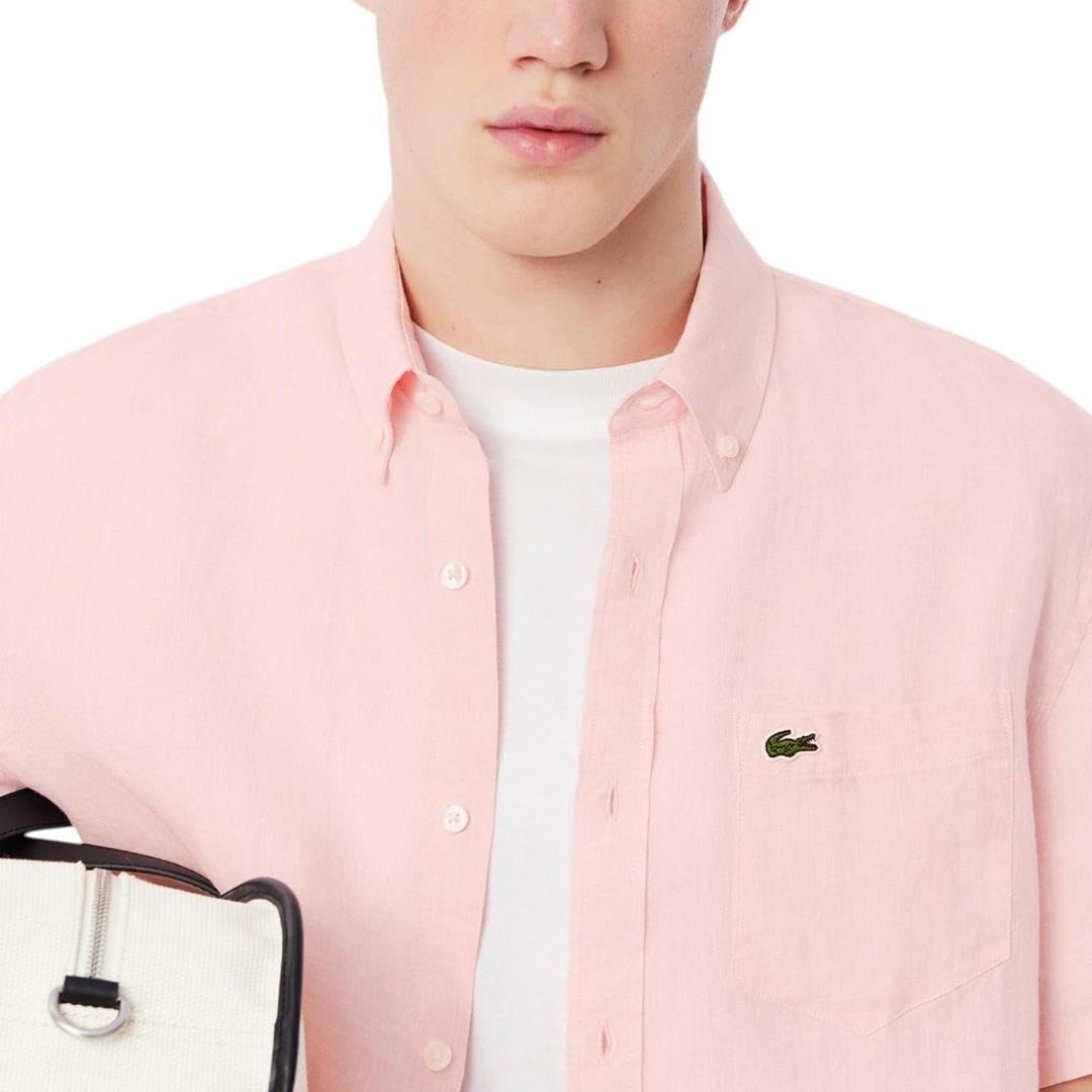 Lacoste Men's Short Sleeve Linen Button Down Shirt - Classic Regular Fit with Front Pocket - Perfect for Casual Wear, Summer Outfits & Office Attire