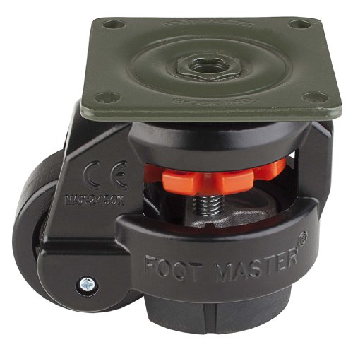 Foot Master GD-60-F-NYN-FBL Adjustable Leveling Caster with 50mm Nylon 66 Wheel - 280kg Capacity, Flat Black Plate Mount Swivel Caster for Industrial Equipment, Workbenches, and Heavy-Duty Furniture