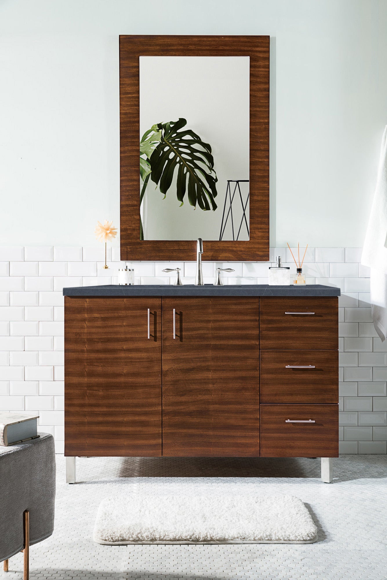 Metropolitan 48 Inch Single Bathroom Vanity with American Walnut Finish & 3CM Charcoal Soapstone Quartz Countertop - Perfect for Modern Master Bathrooms and Powder Rooms