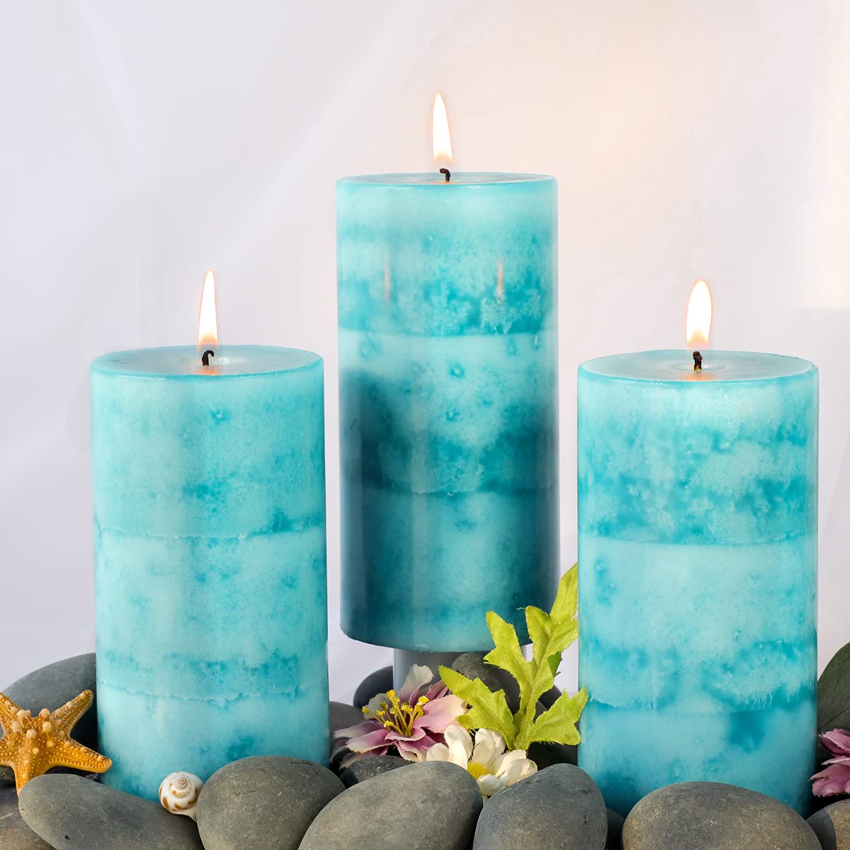 Ocean Breeze Scented Pillar Candles - 3 Pack Teal 3x6 Inch Long-Lasting Clean Burning Candles for Home Décor, Bathroom, Wedding, Relaxation & Aromatherapy
