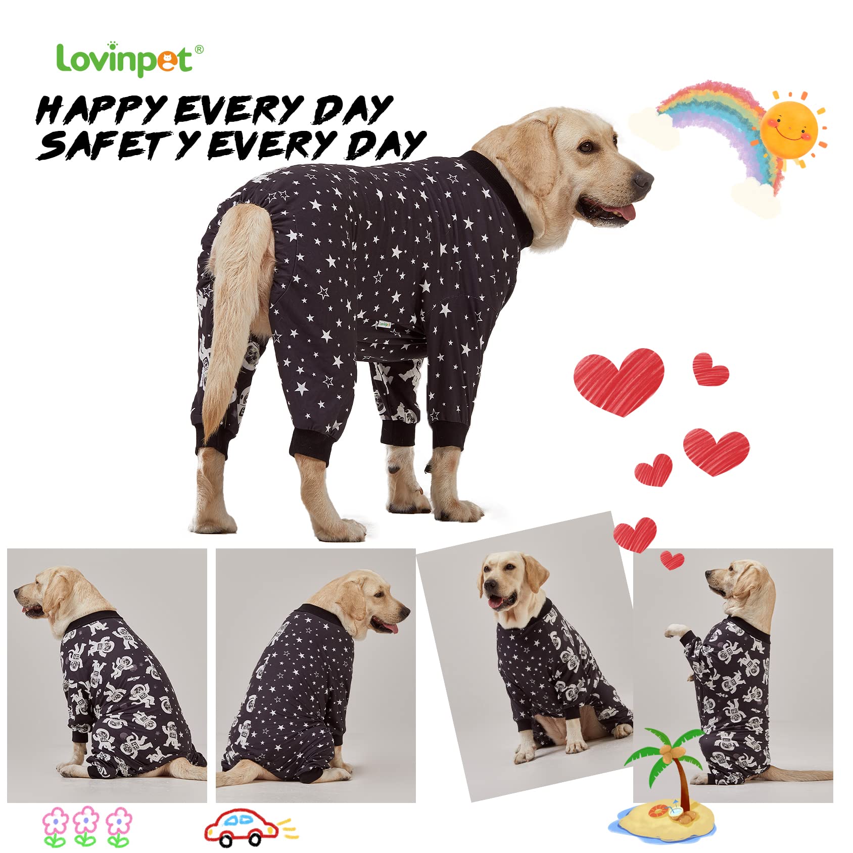 LovinPet Dog Pajamas for Large Breeds - Slim Fit Lightweight Pullover PJs with Full Coverage, Outer Space Astronaut Print - Perfect for Pitbulls & XL Dogs (2XL) - Cozy Nightwear for Indoor Lounging & Cute Photo Ops