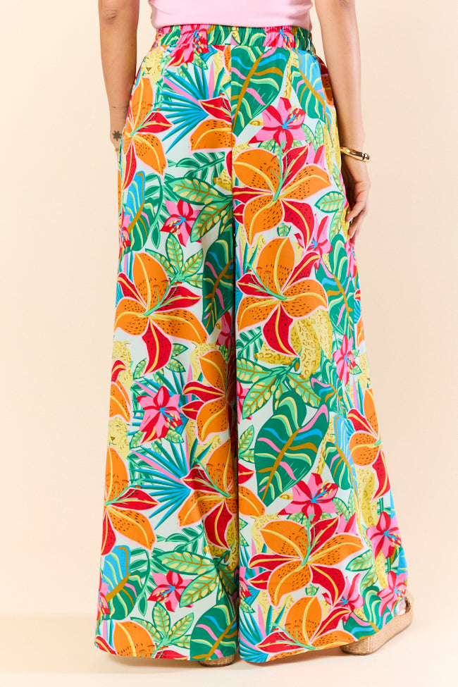 Beach Breeze Blue Mixed Print Wide Leg Pants for Women - Comfortable Summer Vacation & Boho Style Outfit