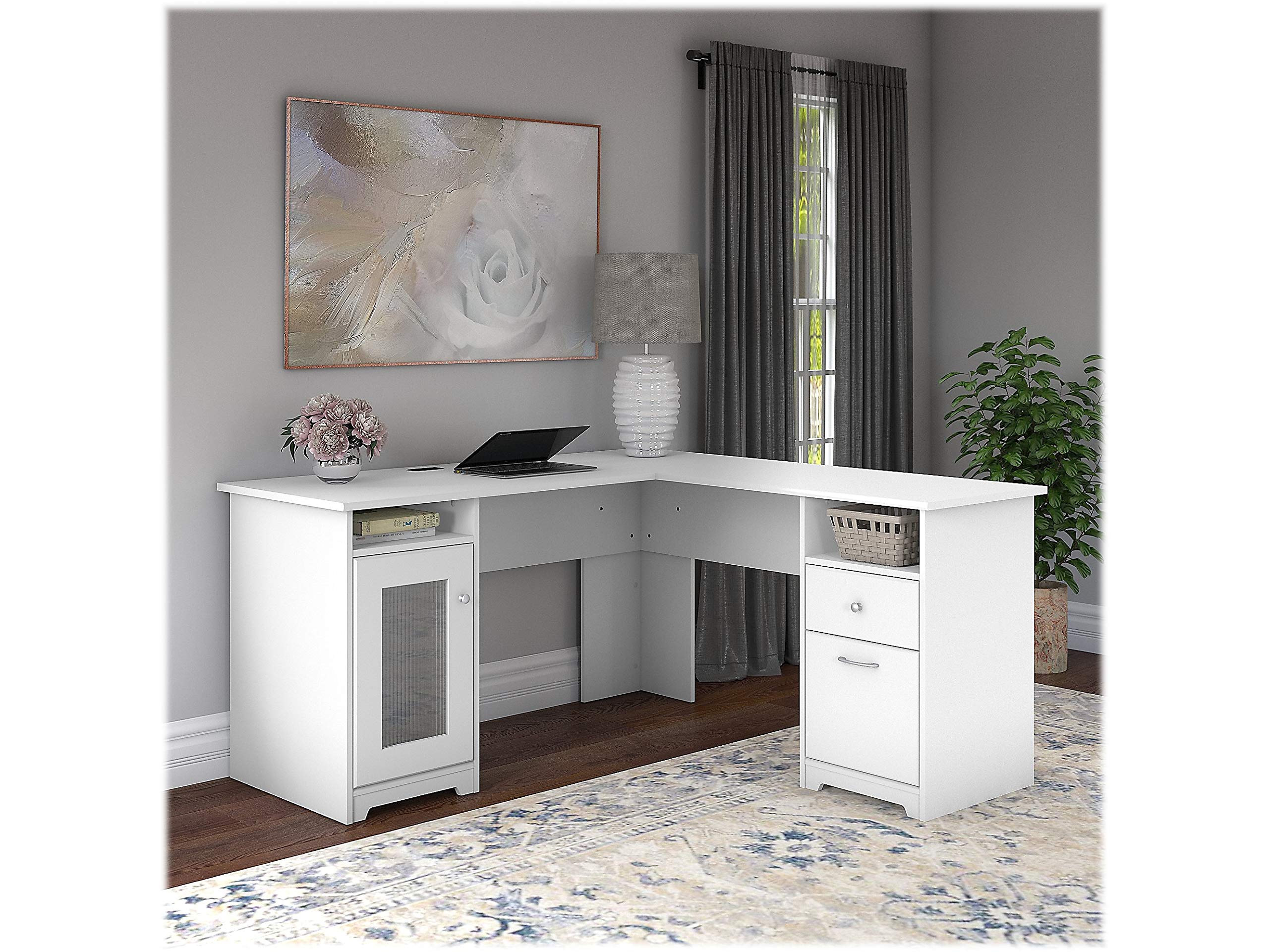 Bush Furniture Cabot L-Shaped Computer Desk in White - Corner Desk with Drawers & Storage for Home Office | Space-Saving Workstation for Small Rooms, Gaming Setup & Remote Work