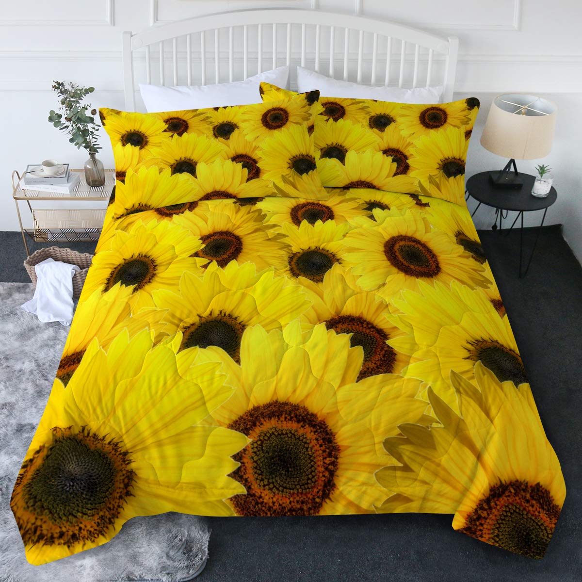 BlessLiving Sunflower Bedding Set - 3 Piece Full/Queen Comforter Set with Ultra Soft Microfiber, Floral Home Decor for Bedroom & Guest Room, Cozy Farmhouse Style Bedding for All Seasons