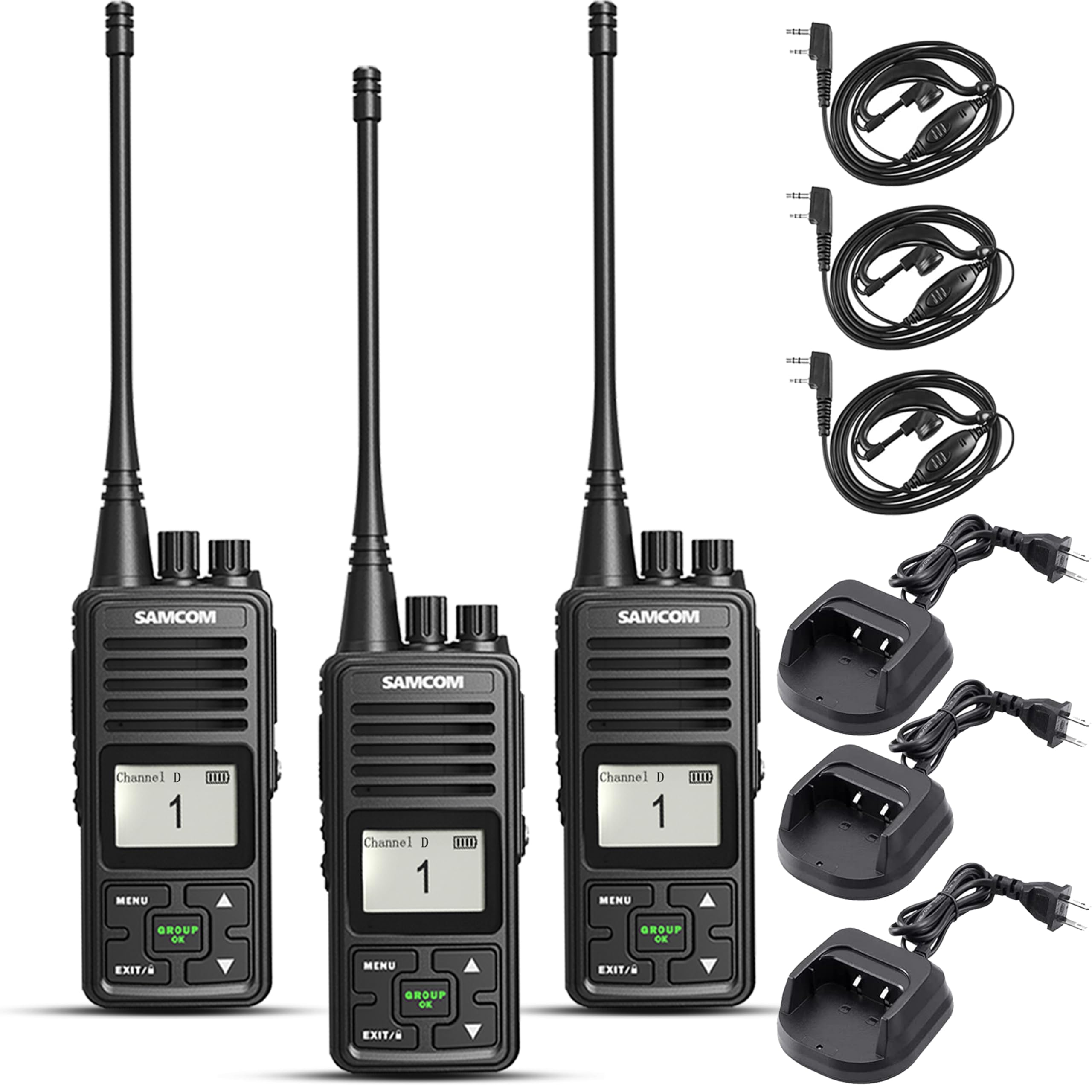 Long Range Two-Way Radios SAMCOM FPCN10A - 3000mAh Rechargeable Walkie Talkies for Adults with UHF 2 Way Communication, Earpiece & Group Talk - Ideal for Construction Sites, Outdoor Adventures & Event Coordination (3 Pack)