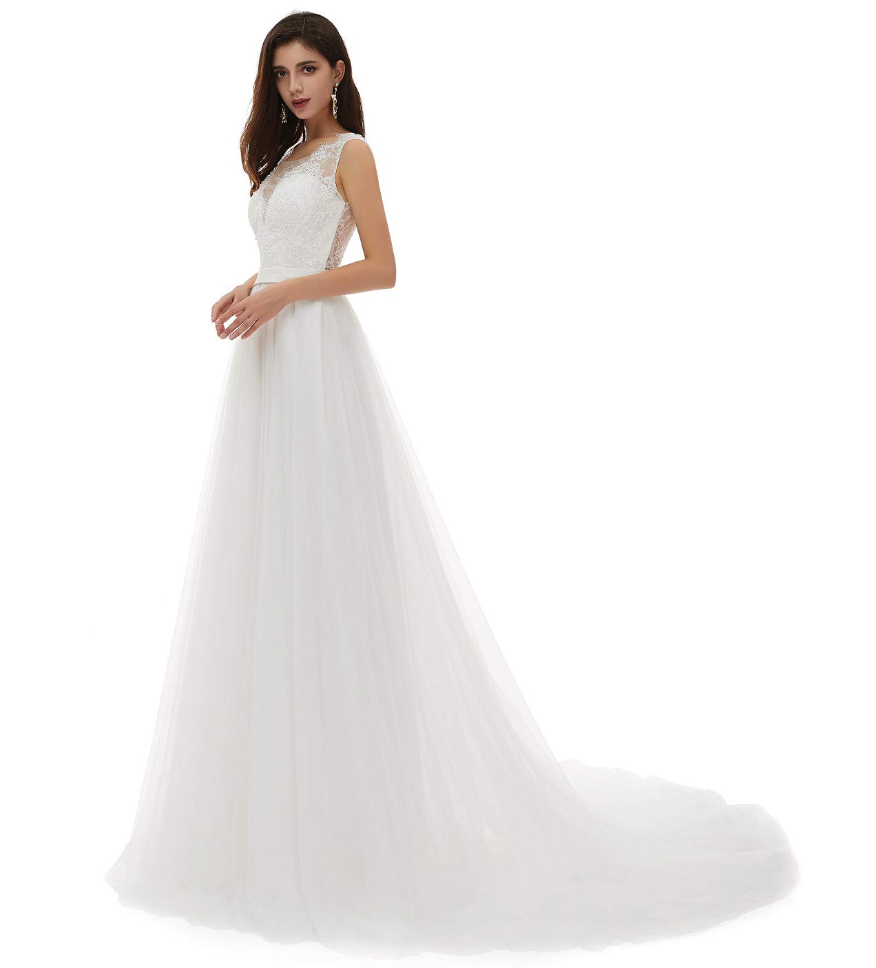 Elegant Women's V-Neck A-Line Lace Tulle Beach Wedding Dress for Bride | Boho Bridal Gown for Beach, Destination & Outdoor Ceremonies