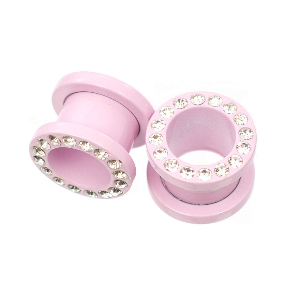 2PCS Surgical Steel PVD Matte Pastel Pink Ear Gauges with CZ Gem Rhinestones | Screw Fit Tunnels & Plugs | 12G - 1/2
