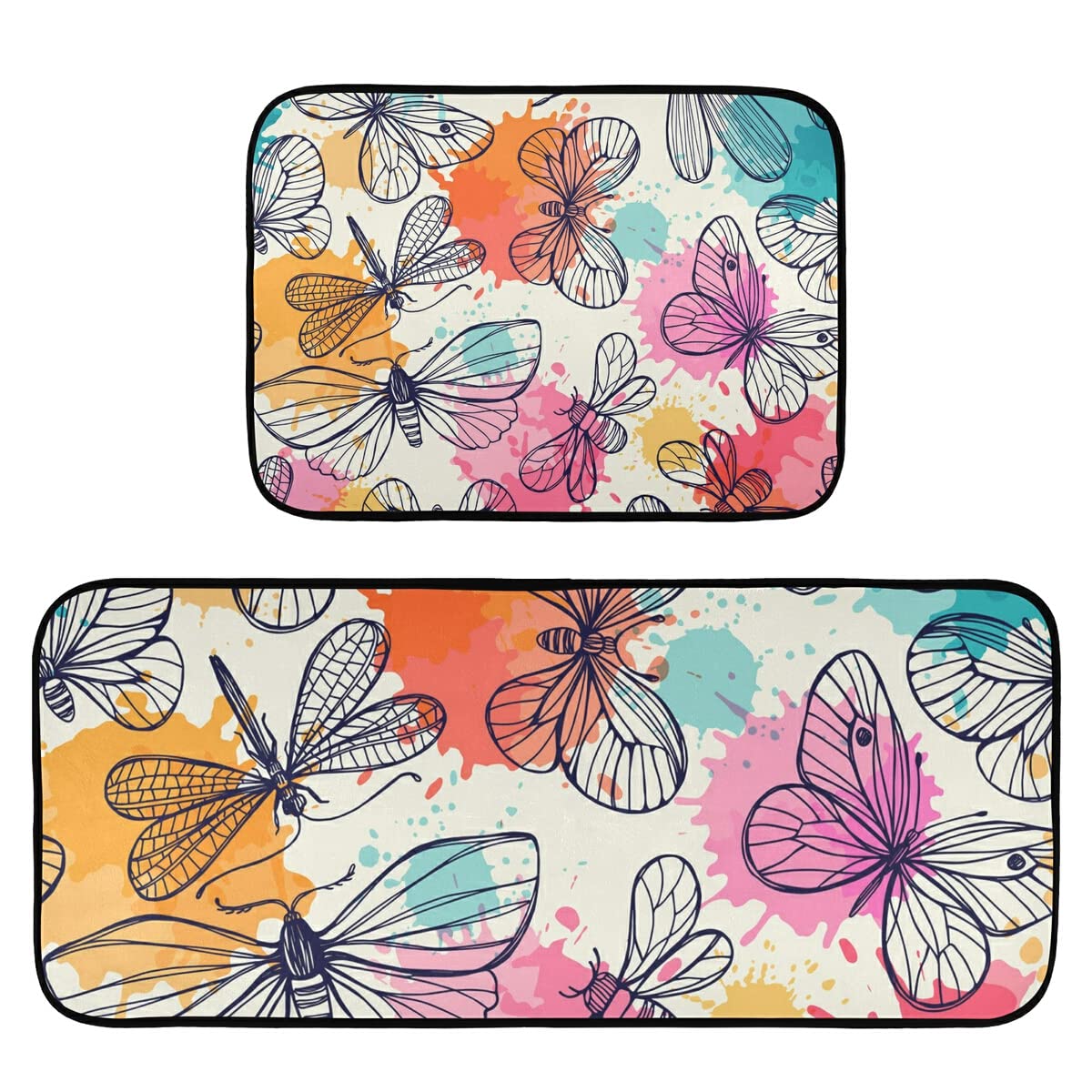 Butterfly & Dragonfly Non-Slip Kitchen Rug Set of 2 - Washable Floor Mats for Kitchen, Laundry Room - Decorative Home Accents for Farmhouse & Boho Style Decor
