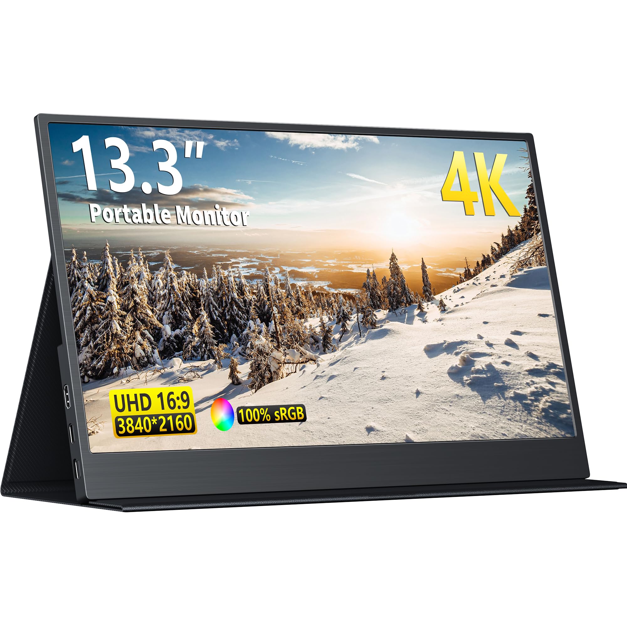 13.3 Inch 4K UHD Portable Monitor - Slim Lightweight IPS Laptop Screen with Dual USB-C & HDMI, Built-in Speakers for Gaming, Work & Travel - Compatible with PC, Mac, Phone, PS5/PS4, Xbox & Nintendo Switch (No Cover Included) | Perfect for Remote Work, Gaming On-The-Go & Business Travel