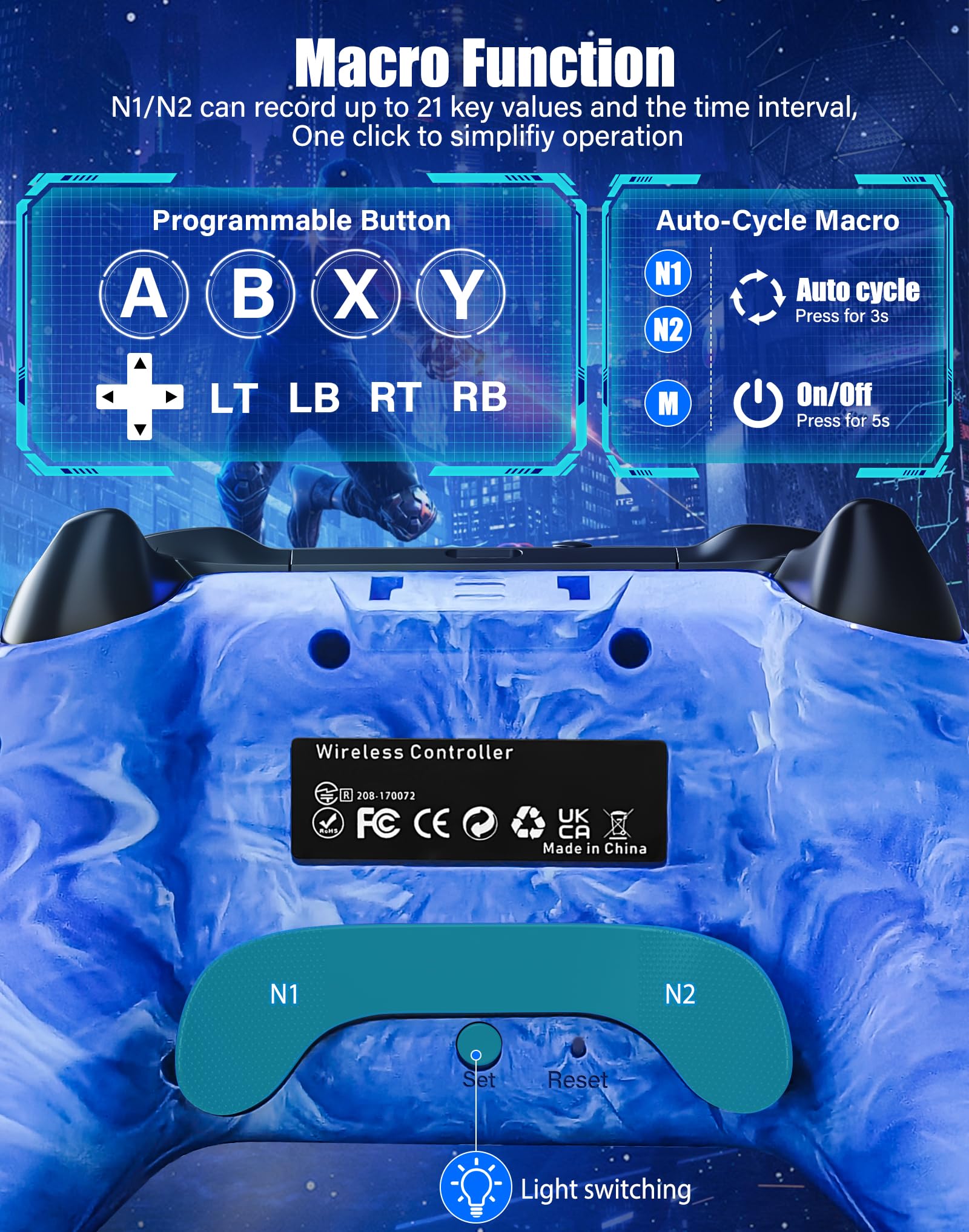 Wireless Nintendo Switch Pro Controller - Compatible with Switch, Switch Lite & OLED, 1200mAh Rechargeable Gamepad with RGB LED Lights, 6-Axis Gyro, Turbo, Motion Controls - Perfect for Gaming, Multiplayer & Long Play Sessions (Blue)