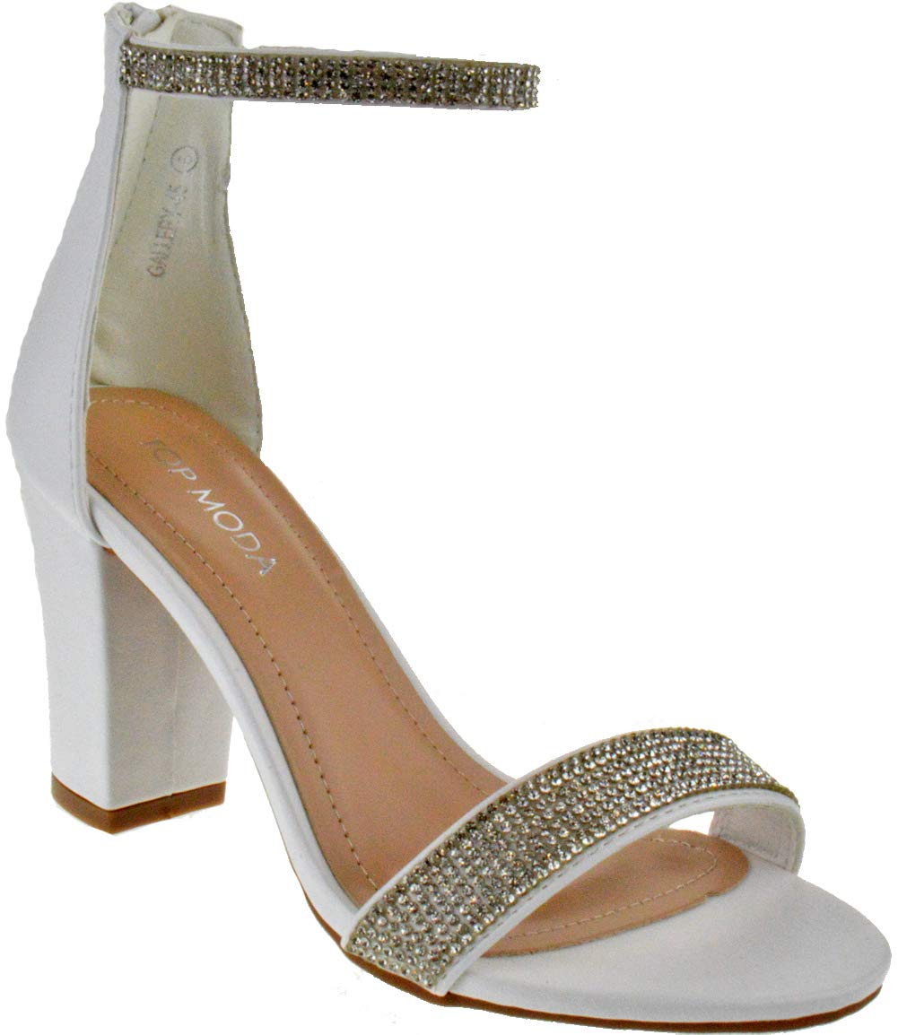TOP Moda Gallery Women's Chunky Heel Rhinestone Platform Sandals - White Size 9 | Elegant Dress Shoes for Weddings, Parties & Special Occasions