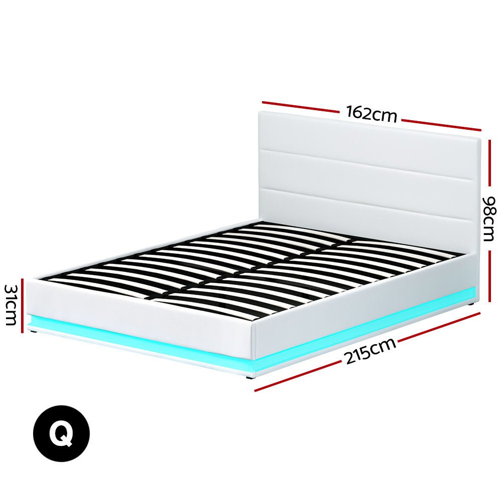 Henley Queen Gas Lift Storage Bed Frame with LED Lights – White | Modern Platform Bed with Underbed Storage & USB Ports | Perfect for Small Bedrooms & Guest Rooms
