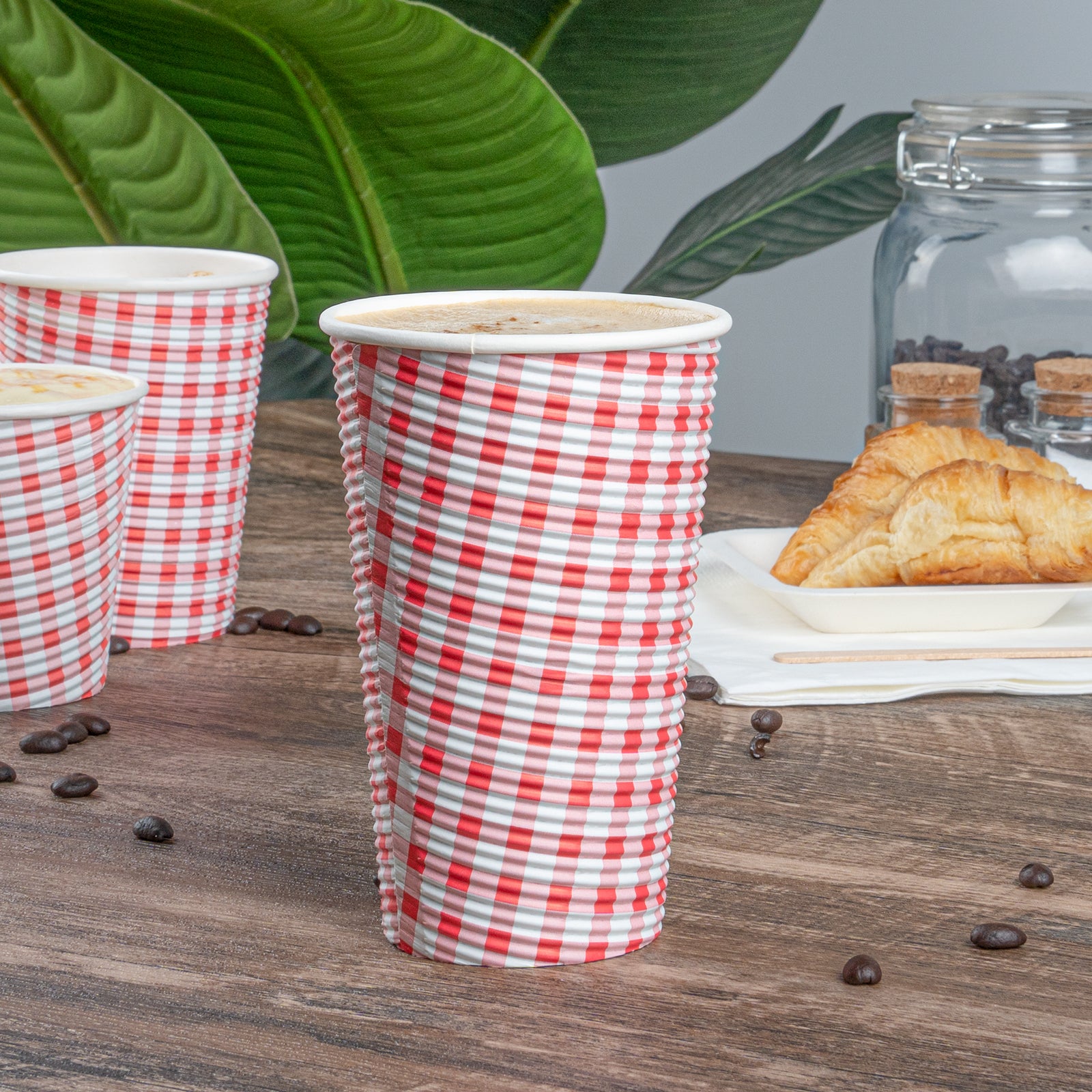 16 oz Disposable Paper Coffee Cups with Picnic Print - Spiral Wall Design - 3.5