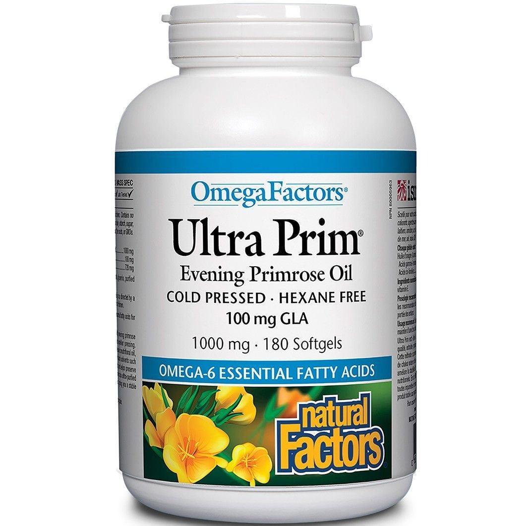 Natural Factors Omega Factors Ultra Prim Evening Primrose Oil 1000mg - 180 Softgels for Women's Hormonal Balance, Skin Health & PMS Relief | Supports Healthy Hair & Nails | Non-GMO, Gluten-Free Supplement