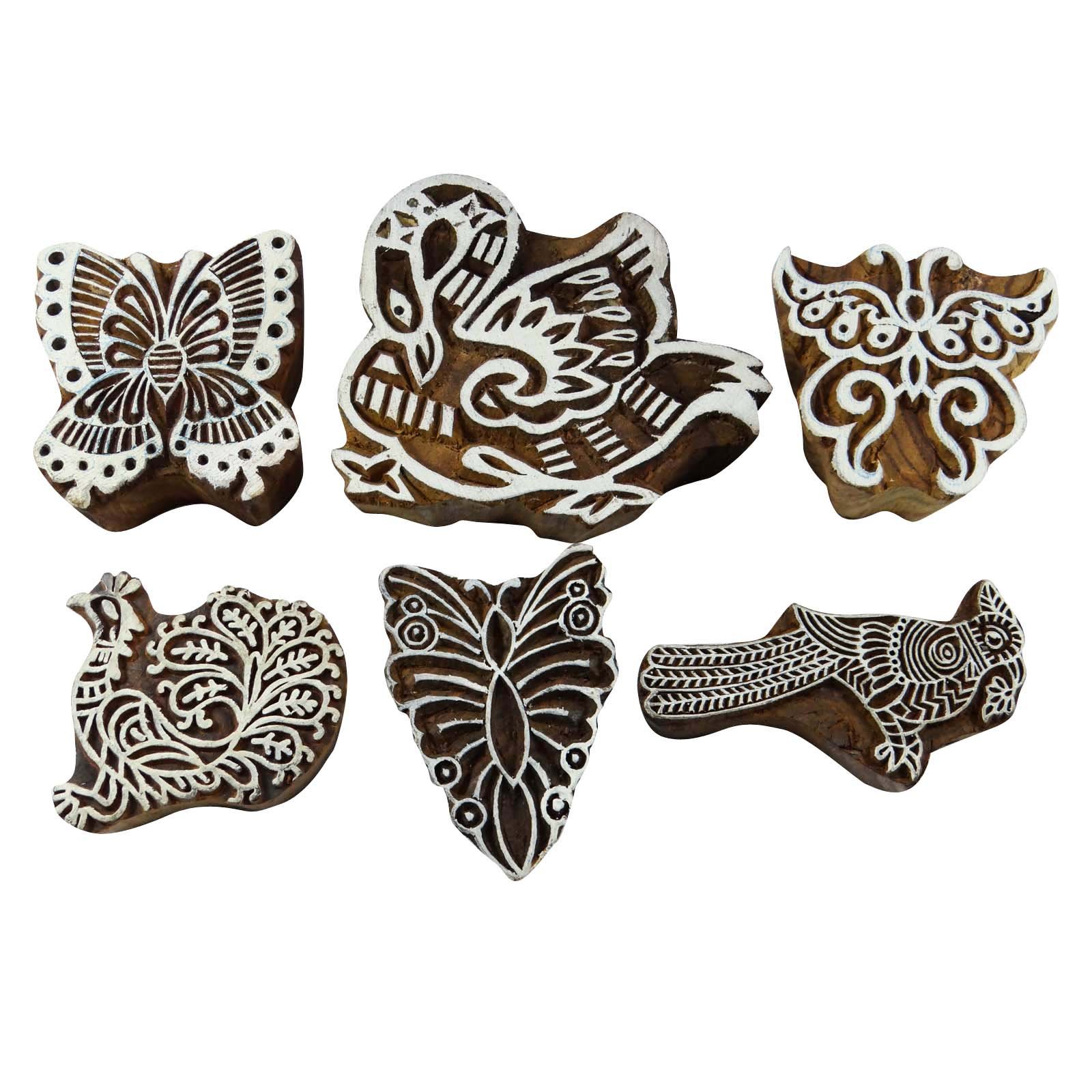 6 Pcs Hand Carved Wooden Textile Stamps for Fabric Printing, DIY Scrapbooking & Card Making - Vintage Style Printing Blocks for Crafts, Home Decor and Gift Wrapping