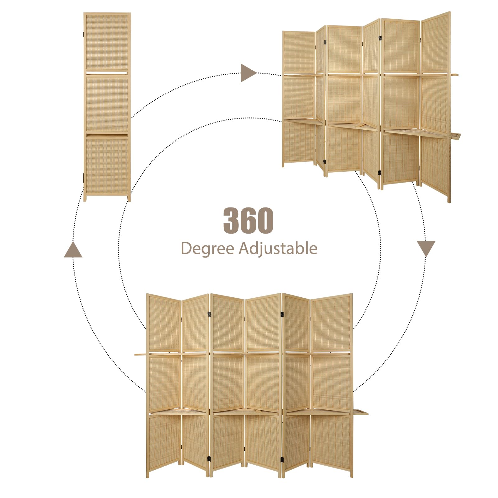ECOMEX 6 Panel Bamboo Room Divider with Shelves - Foldable Privacy Screen for Home, Office, Studio Apartment & Garage - Natural Wood Partition for Space Organization & Decoration