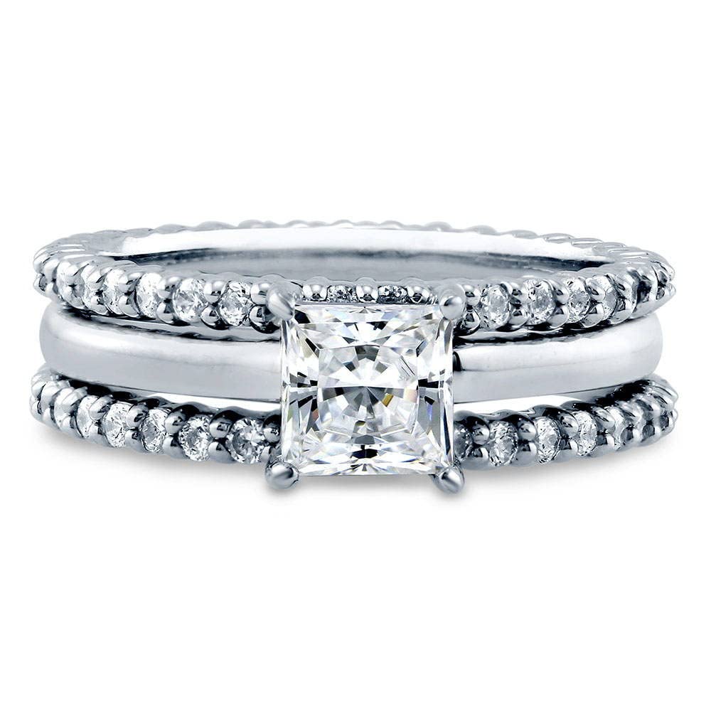 Sterling Silver 1 Carat Princess Cut Cubic Zirconia Engagement Ring Set for Women - Solitaire Wedding Band, Rhodium Plated Size 4-10 - Perfect for Proposals, Anniversaries & Special Occasions