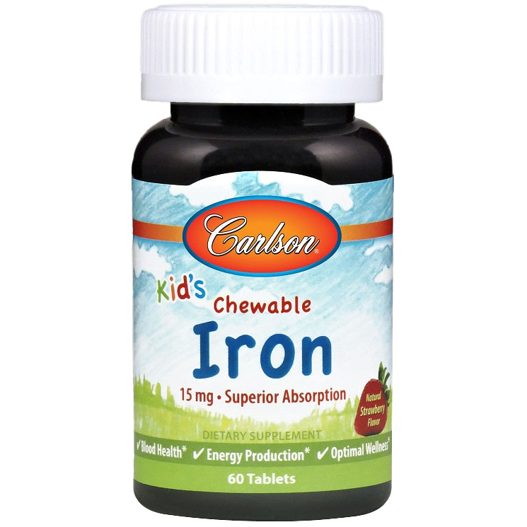 Carlson Labs Kids Chewable Iron Supplement - 15mg per Tablet, Strawberry Flavor, 60 Count - Supports Healthy Energy & Immune System for Active Children