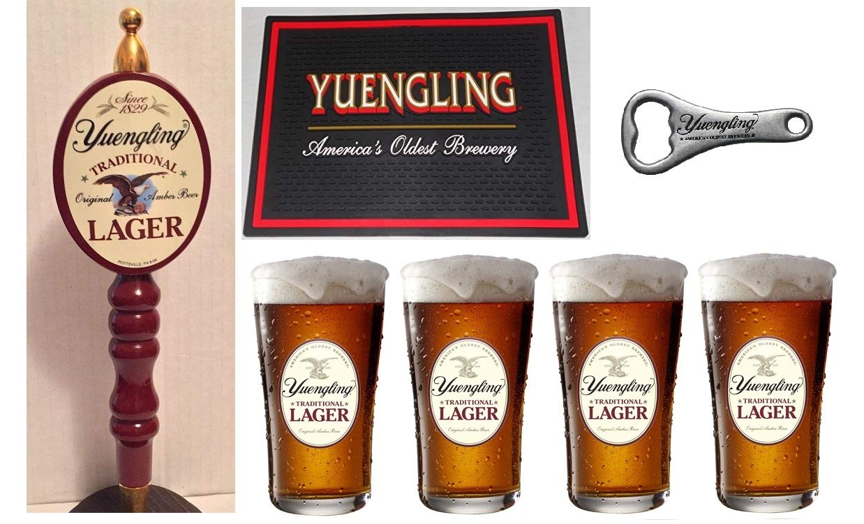 Yuengling Lager Beer Tap Handle Set with 4 Pint Glasses, Bar Spill Mat & Bottle Opener - Perfect for Home Bars, Parties & Beer Enthusiasts