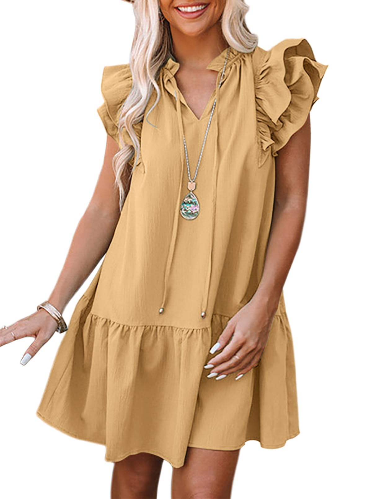Dokotoo Women's Summer Dress 2025 - V-Neck Ruffle Cap Sleeve Mini Sundress with Drawstring Waist & Side Pockets | Beach Vacation, Pool Party, Casual Outfit