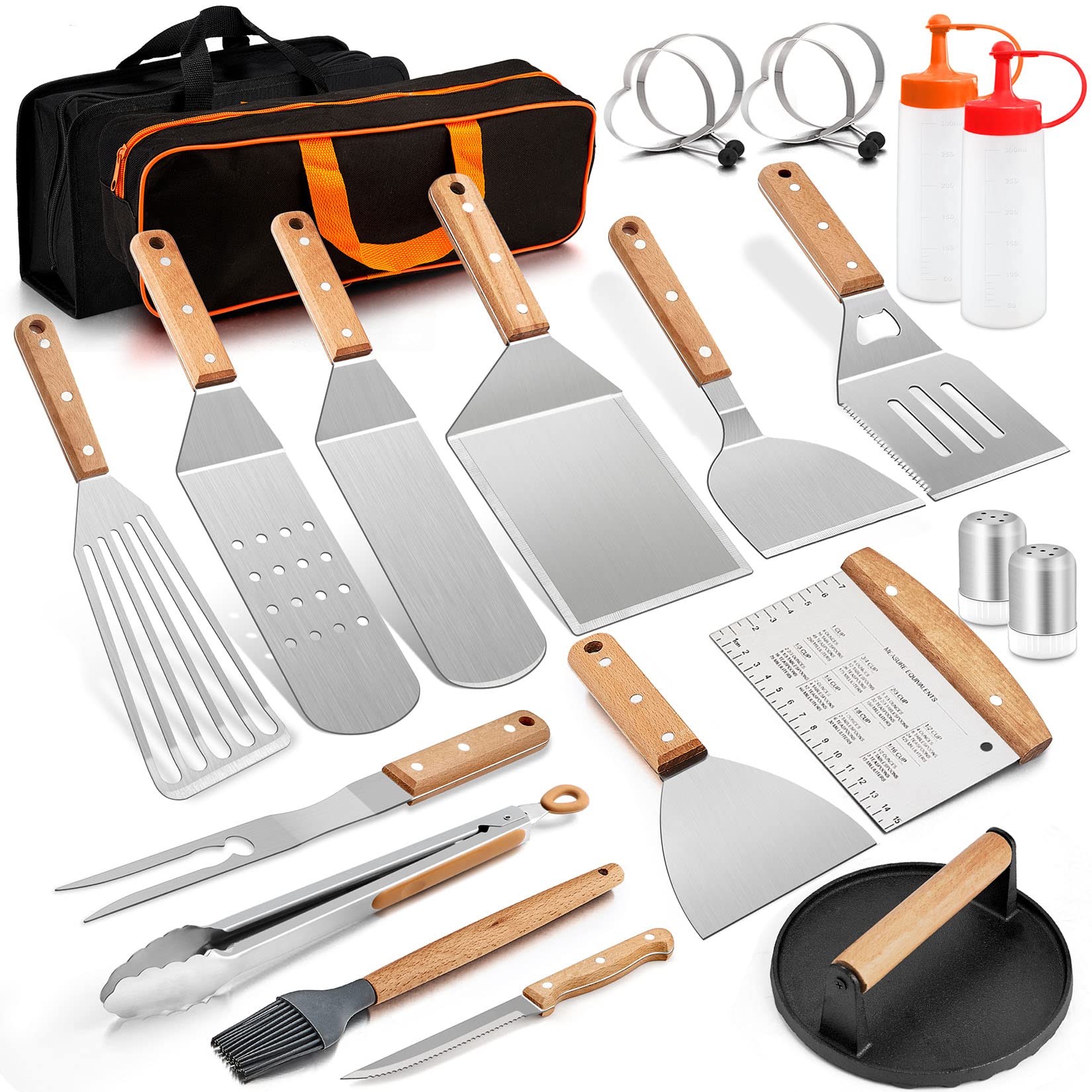 23Pcs Stainless Steel Griddle Accessories Kit - Joyfair BBQ Grilling Tool Set with Flat Top Spatulas & Cast Iron Burger Press - Perfect for Outdoor Hibachi, Teppanyaki & Backyard Cooking (Wooden Handles) - Ideal for Camping, Tailgating & Home Grilling Parties