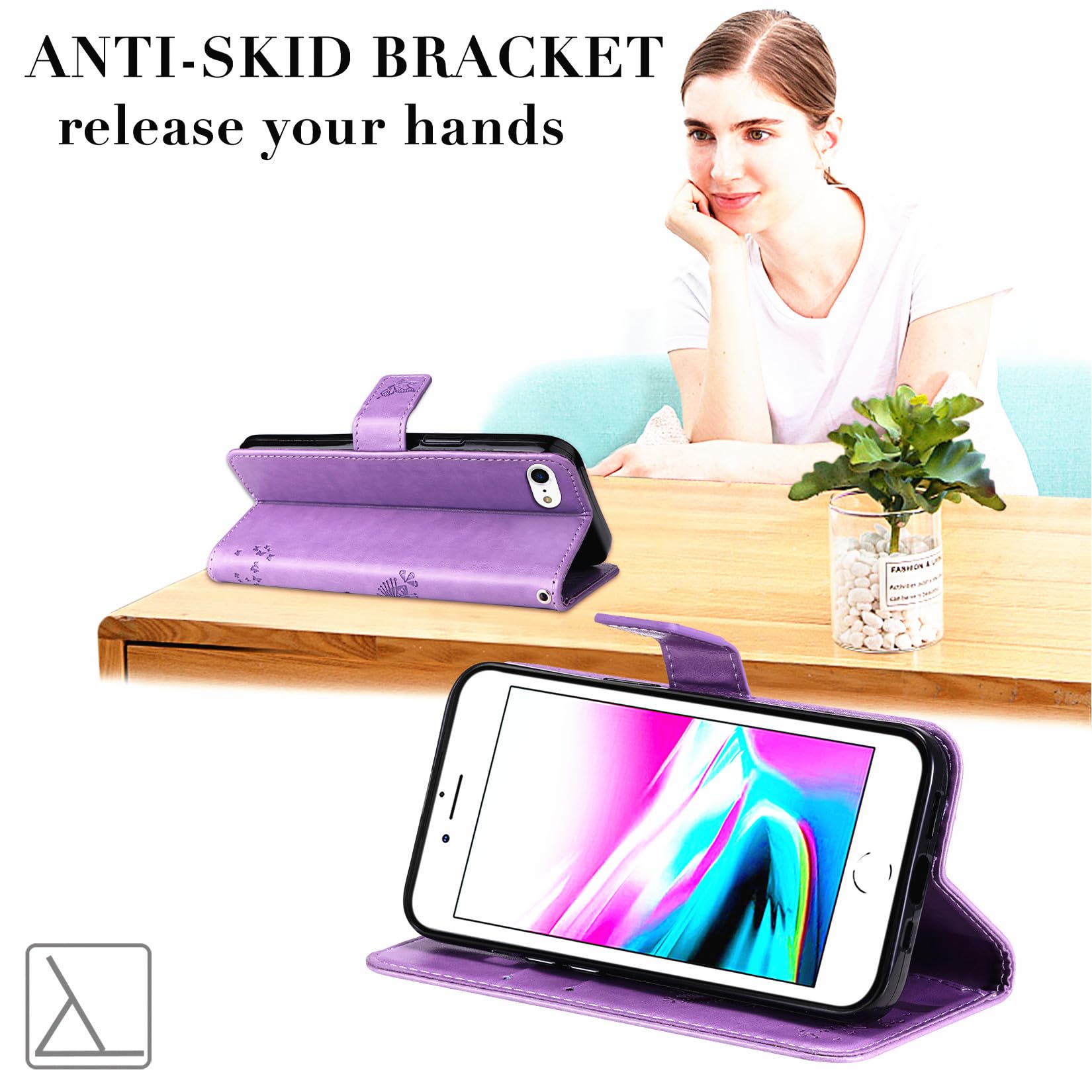 Premium Leather Wallet Case for iPhone SE 2022/2020 & iPhone 8/7 - Magnetic Flip Cover with Card Slots, Shockproof Protection & Stand Feature (Purple) | Perfect for Business Travel, Daily Commute & Hands-Free Viewing