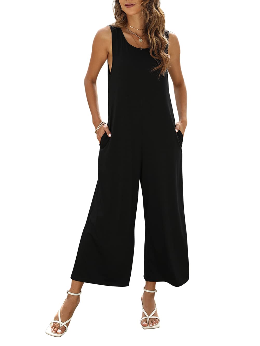 Women's Sleeveless Crewneck Loose Tank Jumpsuit Romper - Summer Casual Outfit with Pockets | Perfect for Beach, Vacation & Everyday Wear