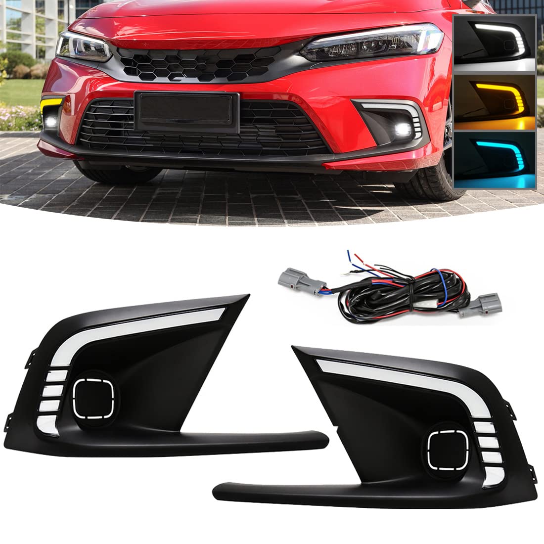 2021-2022 Honda Civic LED Daytime Running Lights (DRL) with Sequential Turn Signal - Tri-Color Fog Lights & Bezel + Wiring Harness - Upgrade for Enhanced Visibility & Style