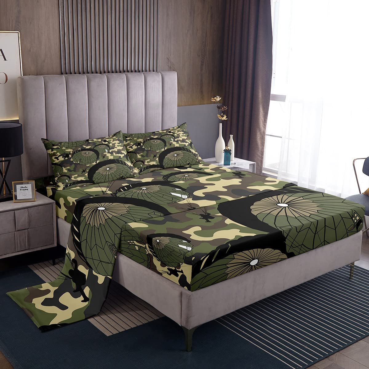 Military Camo Bed Sheets Set - Army Green & Black Parachute Style Bedding for Kids & Teens - 4Pcs Full Size Bedroom Decor - Perfect for Boys, Girls, Camping & Adventure Themed Rooms