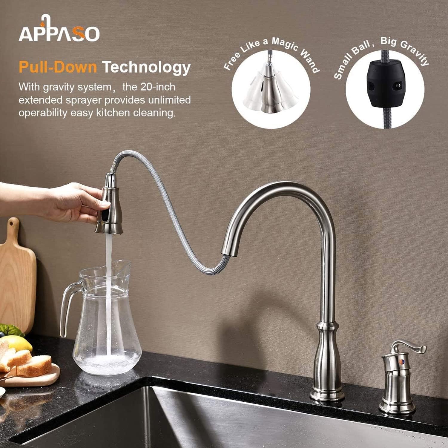 APPASO Brushed Nickel 3-Hole Pull Down Kitchen Faucet with Sprayer & Soap Dispenser - High Arc Stainless Steel Sink Faucet for Modern Kitchens (Perfect for Washing Dishes, Filling Pots & Cleaning Vegetables)