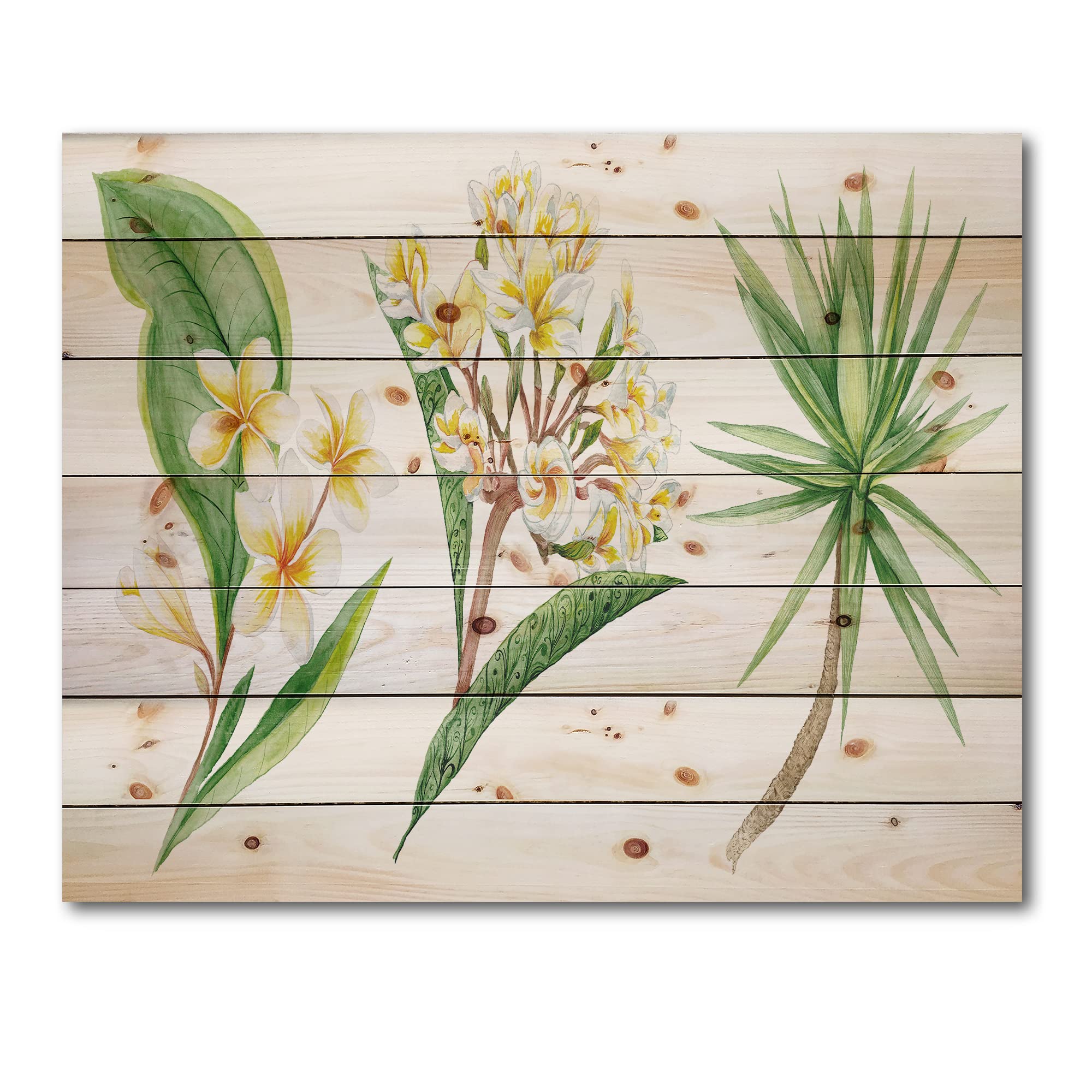 Tropical Foliage & Yellow Flowers XII - Traditional Wood Wall Art Decor | Large Floral Pine Wood Panel | Handmade Natural Wood Wall Hanging for Living Room, Bedroom & Office Decor