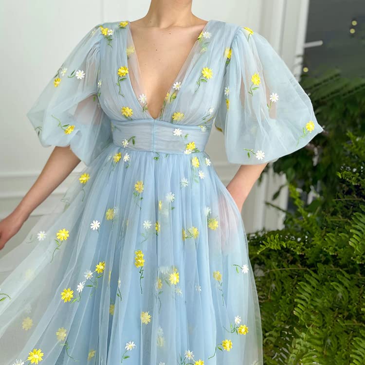 Smileven Women's Puffy Sleeve Prom Dress with Floral Embroidery - Elegant Tulle Formal Evening Gown for Homecoming, Wedding Guest & Special Occasions