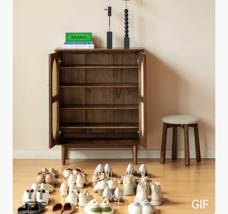 Solid Oak Wood Wall Mounted Shoe Rack with Rattan Doors - Space Saving Entryway Storage for Shoes, Hats & Accessories - Perfect for Hallway, Mudroom or Bedroom Organization