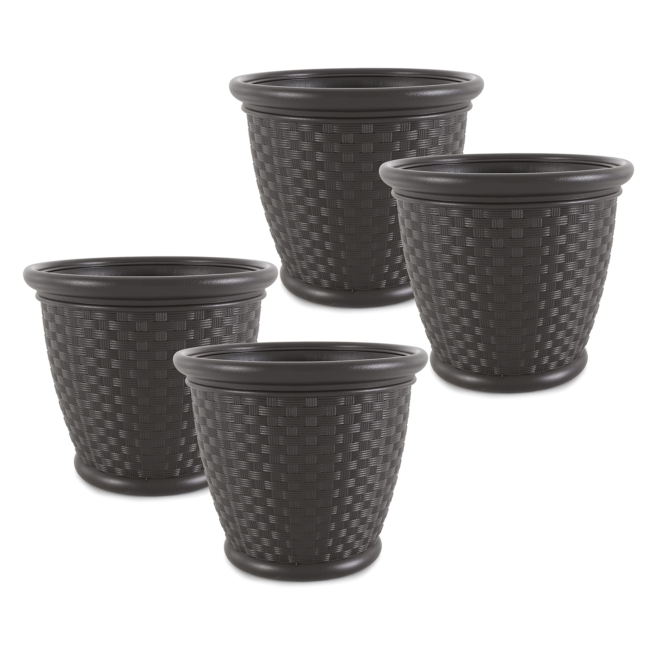 Suncast Sonora 18 Inch Brown Plastic Wicker Decorative Garden Flower Planter Pots - 4 Pack for Indoor Outdoor Use in Backyard, Patio, Balcony & Home Decor