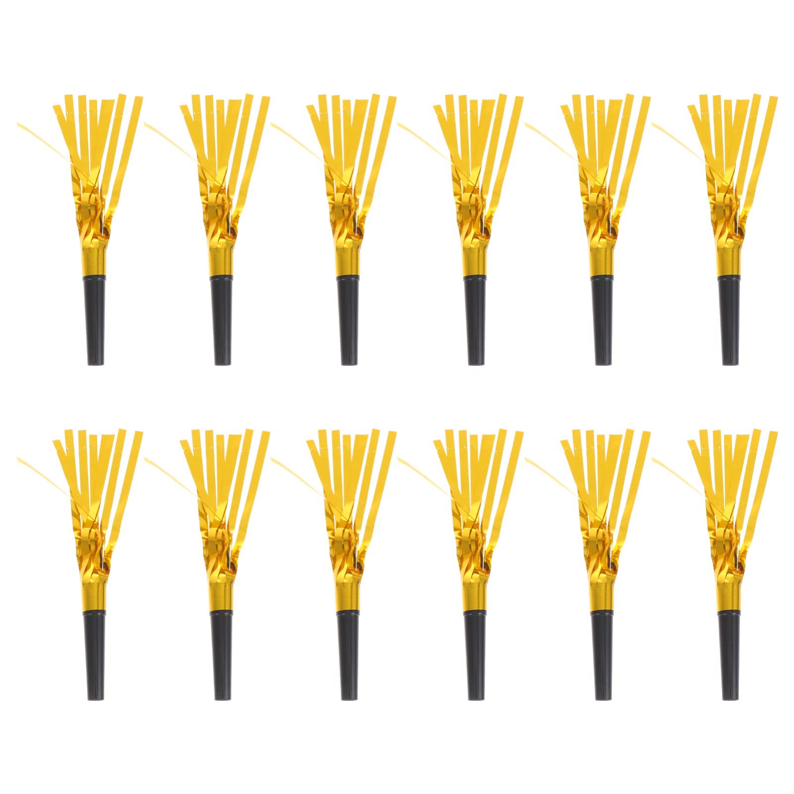 12Pcs Glitter Metallic Fringed Noise Maker Whistles - Party Blowouts for Birthday Celebrations, New Year's Eve, Mardi Gras & Festivals (Black & Gold) - Fun Musical Toys for Kids & Adults