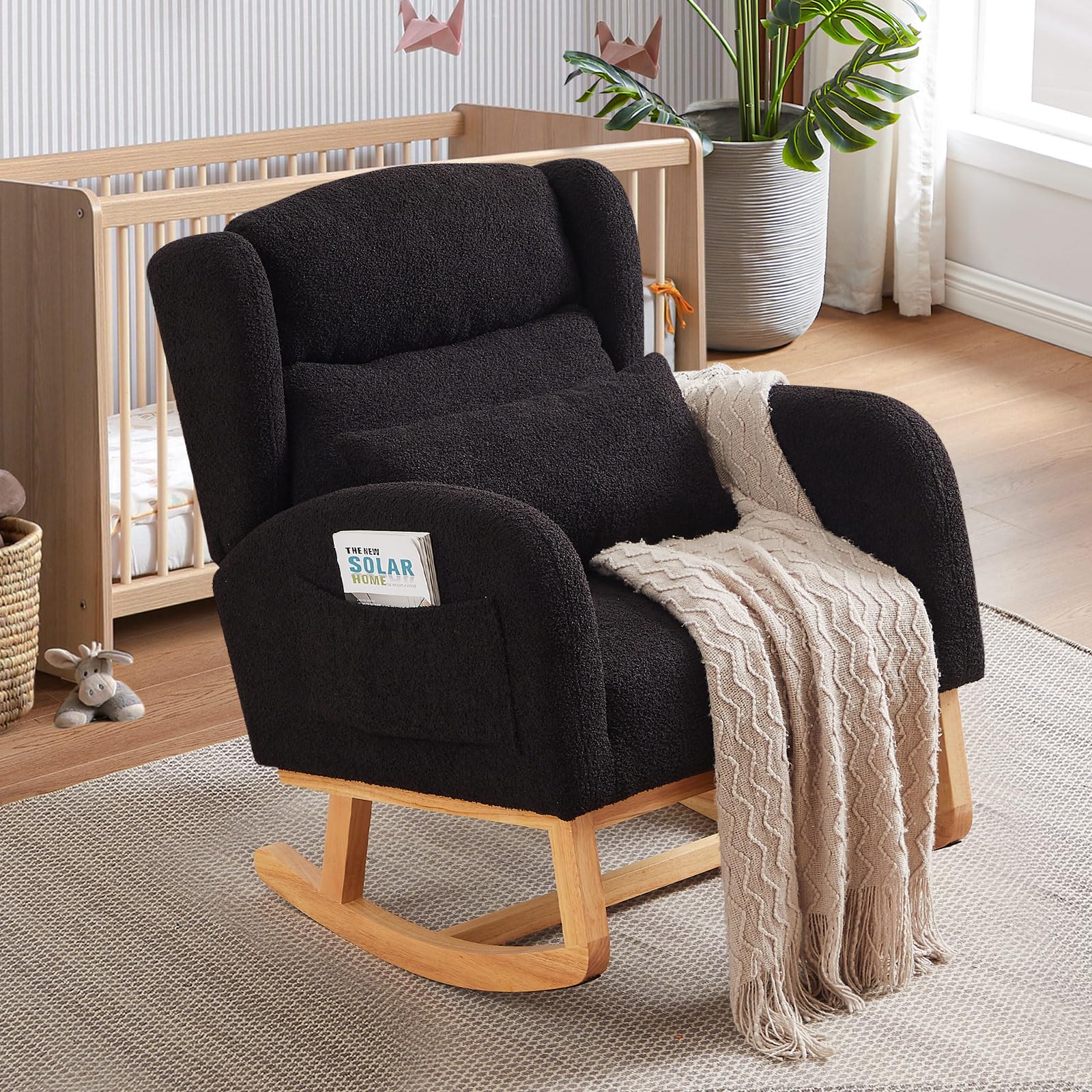 **Antetek Modern Rocking Chair - High Back Teddy Upholstered Nursery Rocker with Lumbar Pillow, Wingback Accent Armchair for Living Room, Bedroom & Nursery - Perfect for Nursing, Relaxing & Decor (Black)**