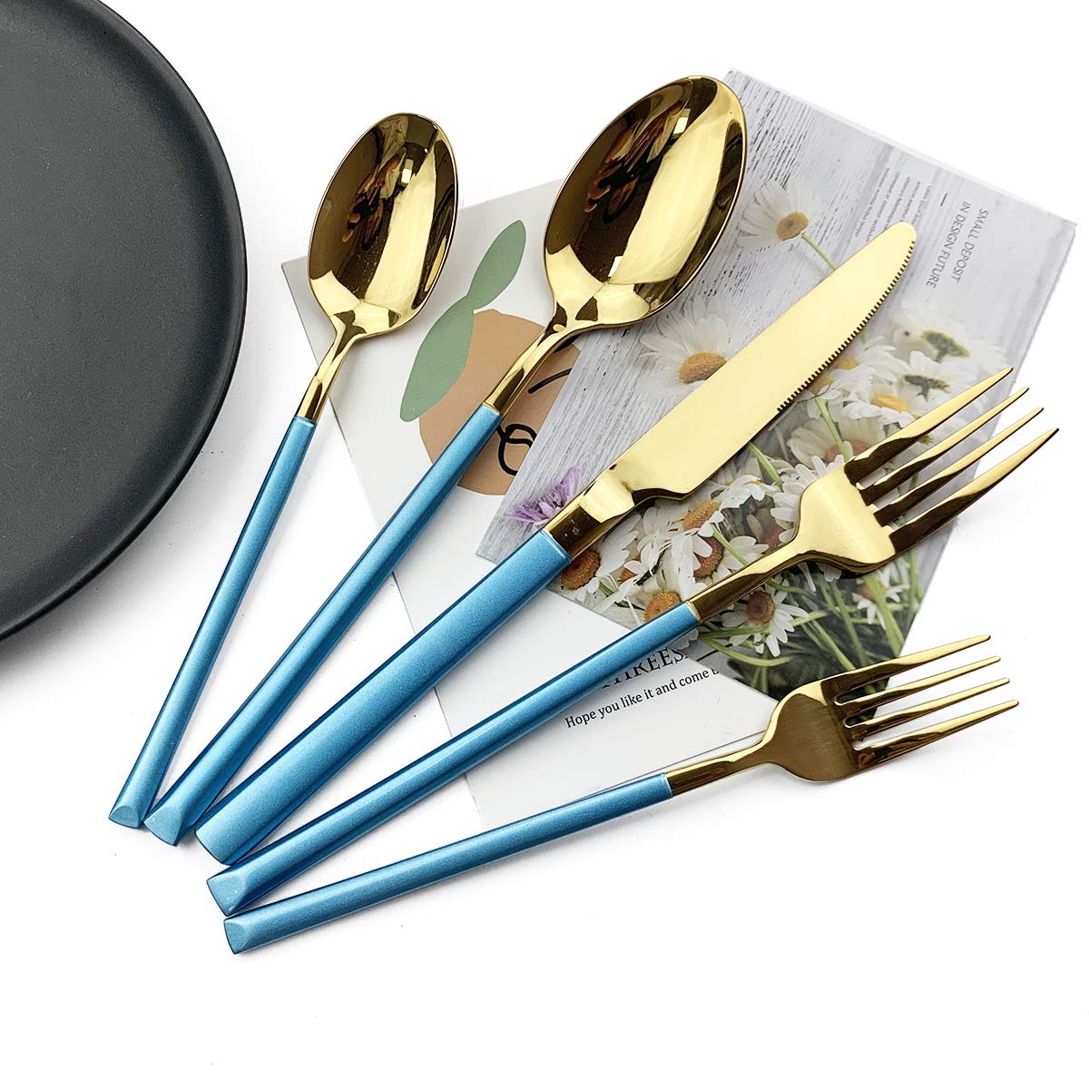 JASHII 5-Piece Modern Silverware Set - 18/10 Stainless Steel Elegant Flatware with Square Edge - Mirror Polished & Dishwasher Safe (Blue Gold) - Perfect for Fine Dining, Wedding Gifts & Everyday Kitchen Use