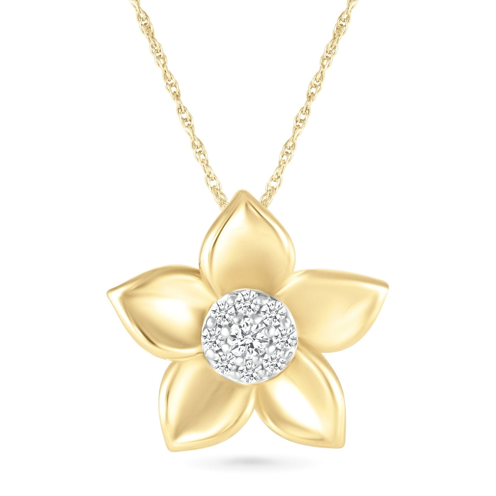 10K Yellow Gold Diamond Pave Flower Pendant Necklace - Elegant Floral Jewelry for Women, Perfect Gift for Anniversary, Birthday and Valentine's Day