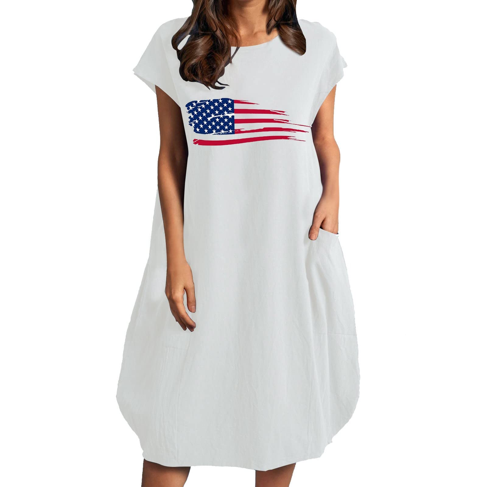 iLUGU Women's American Flag Printed Loose Short Sleeve Summer Dress - Round Neck Casual Flowy Dress for 4th of July, Beach Outings & Patriotic Events