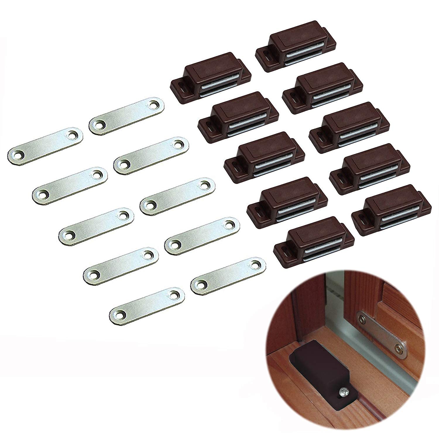 10 Pack Magnetic Cabinet Door Catches - Strong Brown Magnetic Latches for Kitchen Cupboard, Wardrobe, Closet & Drawer - Perfect for Smooth Silent Closing & Child Safety in Home Organization