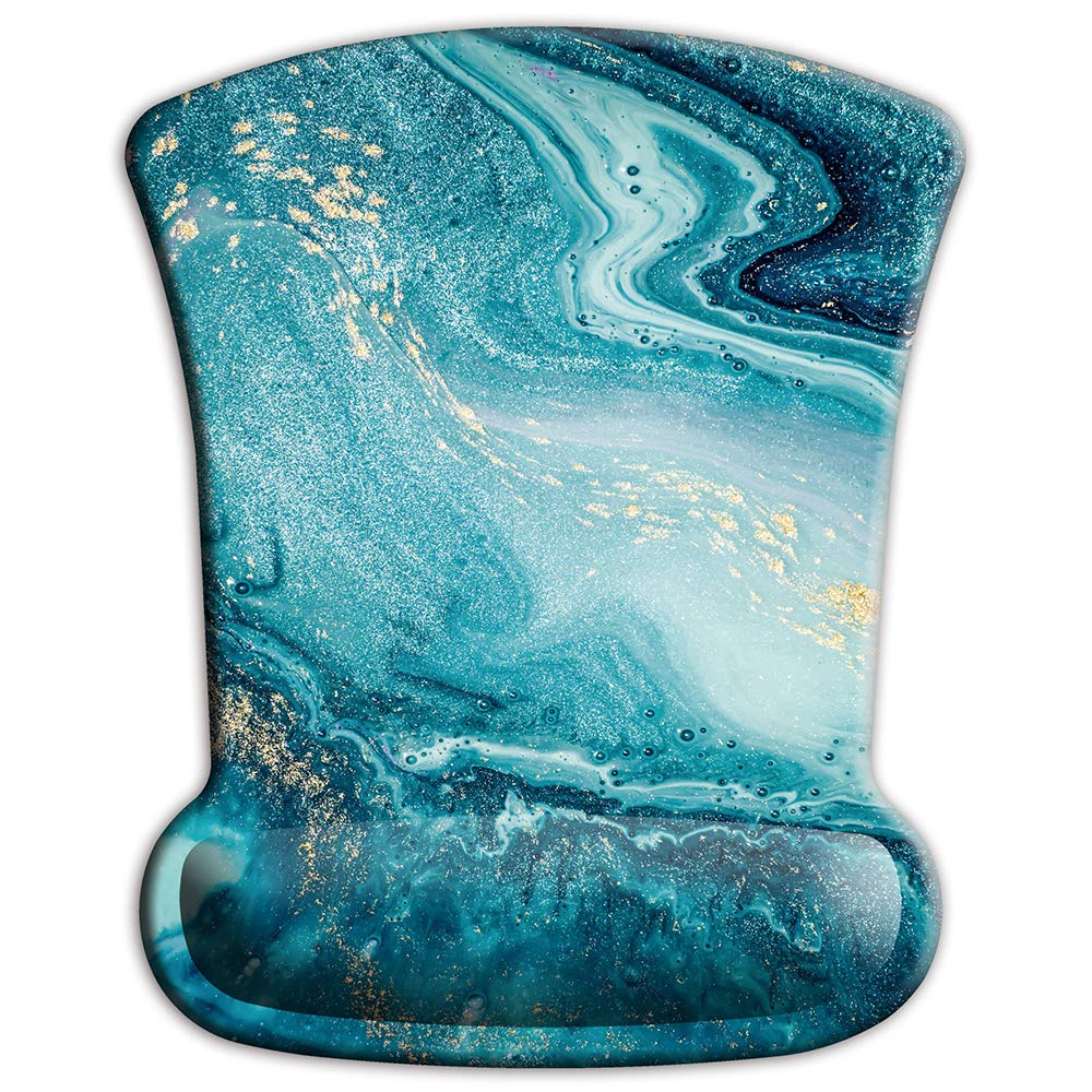 Ergonomic Memory Foam Wrist Rest Mouse Pad - Non-Slip PU Base & Lycra Cloth Surface for Gaming, Office & Travel - Blue Marble Gold Design - Perfect for Computer, Laptop & Home Office Use