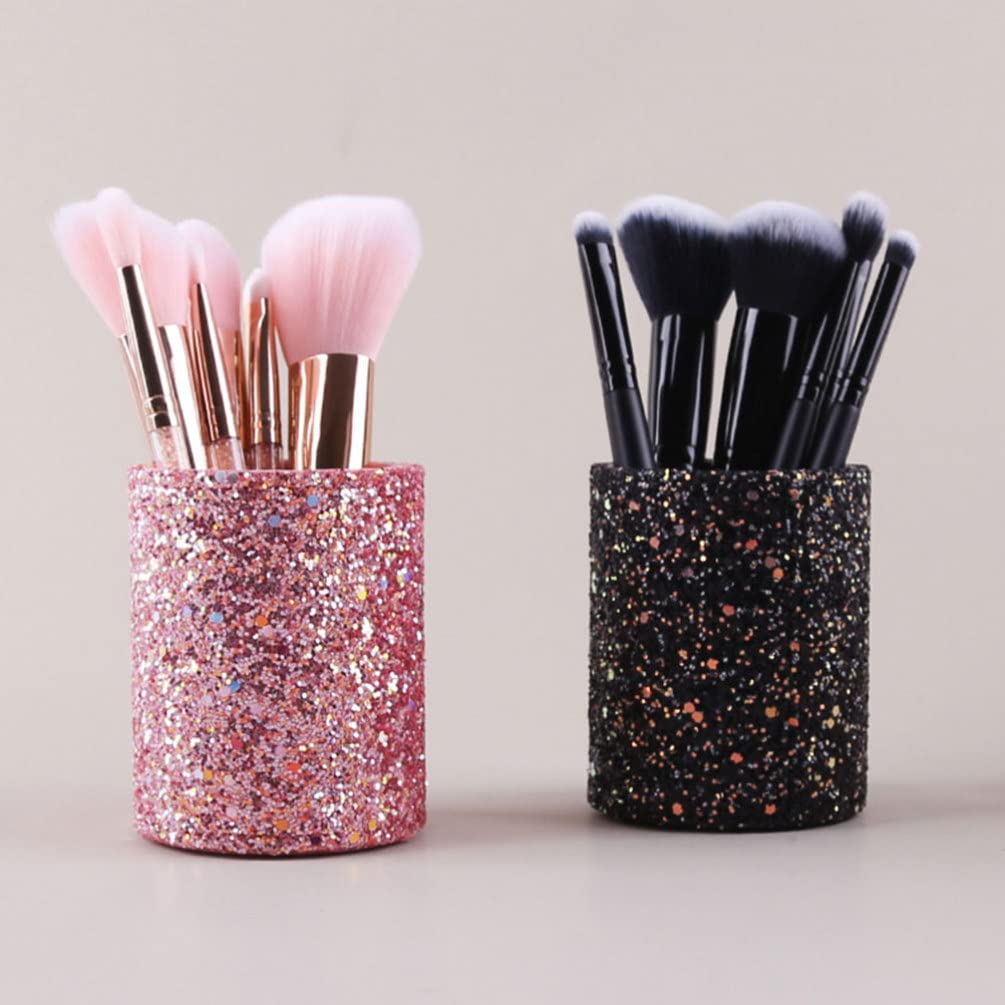FRCOLOR Glitter Makeup Brush Holder Organizer - PU Sequin Pen & Pencil Cup, Cosmetic Storage Box for Dresser, Vanity & Office Desk (Black) | Perfect for Makeup Brushes, Pens, Cosmetics & Desk Organization